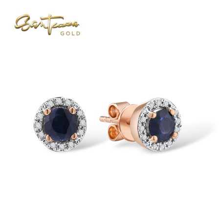 SANTUZZA 14K 585 / 9K 375 Yellow/ Rose Gold Earrings Round Emerald/ Blue Sapphire/ Ruby Diamonds Stud Earrings Fine Jewelry