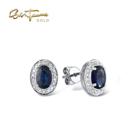 VISTOSO 14K/9K Rose/White Gold Earrings Blue Sapphire Sparkling Diamond Unique Fine Jewelry