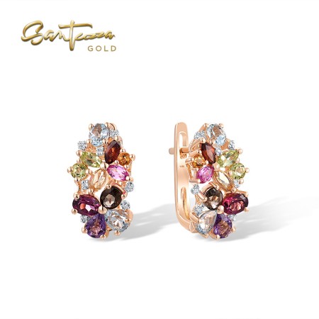 VISTOSO 14K/9K Rose Gold Colorful Cluster Gems Earrings Diamond Flower Delicate Fine Jewelry