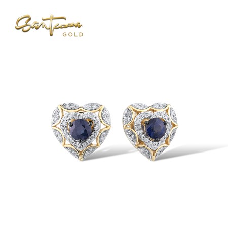 VISTOSO 14K /9K Yellow Gold Earrings Blue Sapphire Diamond Delicate Heart Stud Fine Jewelry