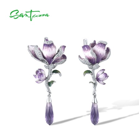 SANTUZZA 925 Sterling Silver Drop Earrings White Cubic Zirconia Purple Gradient Enamel Flower Chic Fine Jewelry