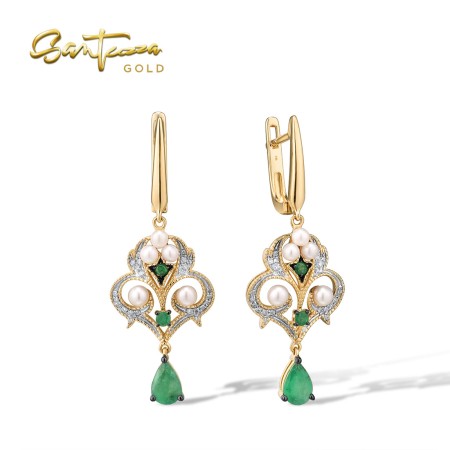 VISTOSO Earrings 14K/9K Yellow Gold Emerald Fresh Water Pearl Diamond Fine Jewelry