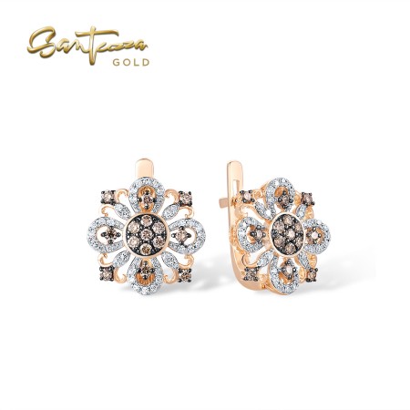 VISTOSO 14K/9K Rose Gold Earrings Diamond Brown Diamond Flower Delicate Trendy Fine Jewelry