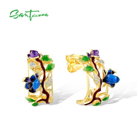 SANTUZZA 925 Sterling Silver Earrings Sparkling White CZ Blue Flower Enamel Delicate Fine Jewelry
