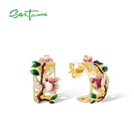 SANTUZZA 925 Sterling Silver Earrings White CZ Pink Flower Enamel  Fine Jewelry