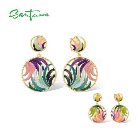SANTUZZA 925 Sterling Silver Earrings Colorful Ribbon Pattern Hollow Dangle Jewelry