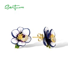 SANTUZZA 925 Sterling Silver Ring Blue Stone Enamel Flower Trendy Gifts Fine Jewelry 