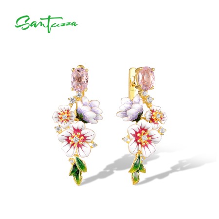SANTUZZA 925 Sterling Silver Drop Earrings Colorful Flower Dangling Delicate Fine Jewelry