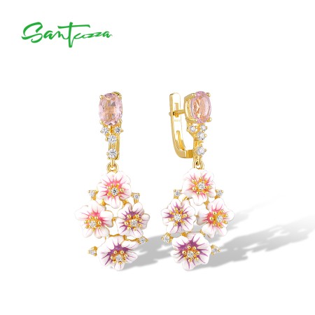 SANTUZZA 925 Sterling Silver Earrings Sparkling White Flower Dangling Delicate Fine Jewelry