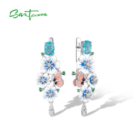 SANTUZZA 925 Sterling Silver Earrings Blue Flower Dangling Trendy Wedding Fine Jewelry