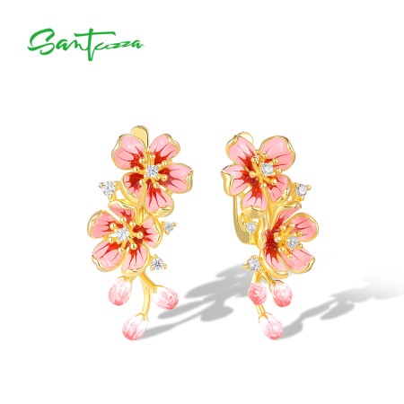 SANTUZZA 925 Sterling Silver Earrings Pink Flower Dangling Fashion Fine Jewelry