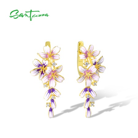 SANTUZZA 925 Sterling Silver Drop Earrings Exquisite Flower Engagement Enamel Fine Jewelry