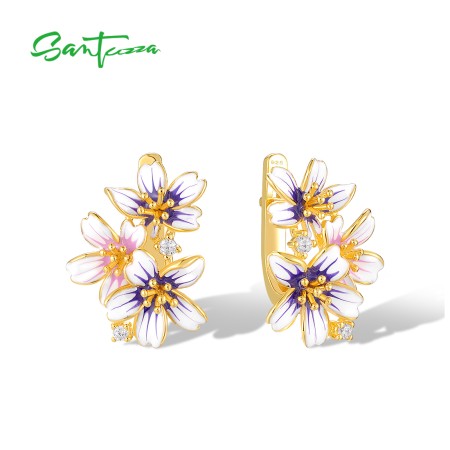 SANTUZZA 925 Sterling Silver Drop Earrings Elegant Flower Wedding Engagement Enamel Fine Jewelry