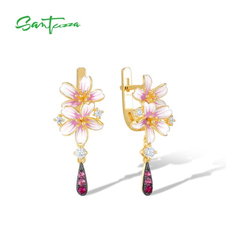 SANTUZZA 925 Sterling Silver Earrings Fashion Flower Elegant Enamel Fine Jewelry