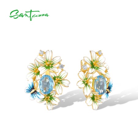SANTUZZA 925 Real Sterling Silver Earrings Exquisite Flower Elegant Enamel Fine Jewelry