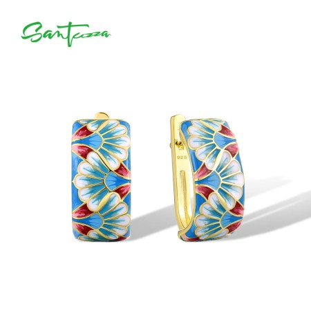 SANTUZZA 925 Sterling Silver Earrings Enamel Floral Pastel Clip-On Fine Jewelry 
