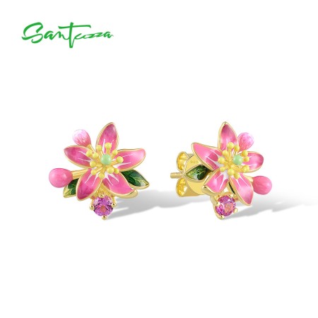 SANTUZZA 925 Sterling Silver Stud Earrings Created Pink Sapphire Enamel Blooming Flower Chic Fine Jewelry