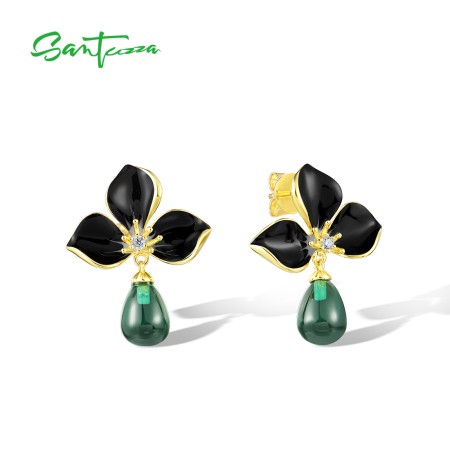 SANTUZZA 925 Sterling Silver Earrings Green Gems Enamel Fine Jewelry