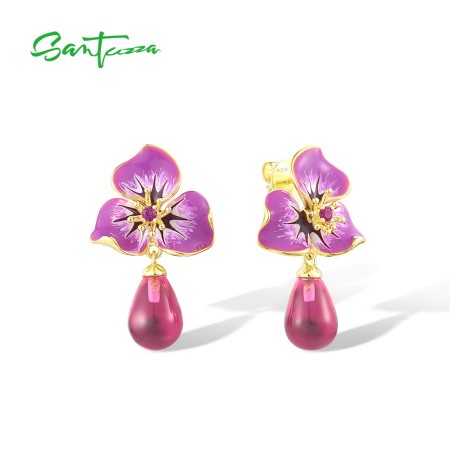 SANTUZZA 925 Sterling Silver Earrings Pink Gems Enamel Fine Jewelry