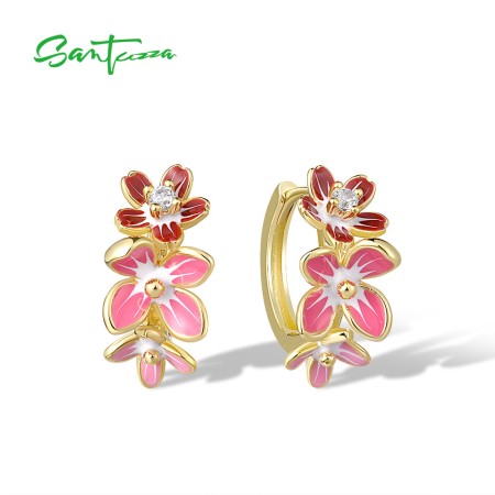 SANTUZZA 925 Sterling Silver Hoop Earrings Sparkling Cherry Blossom Pink Cute Floral Wedding Gift Jewelry