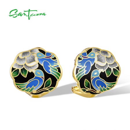 SANTUZZA 925 Sterling Silver Earrings Sparkling Enamel Flower & Birds Wearable Art Birthday Gifts Fine Jewelry