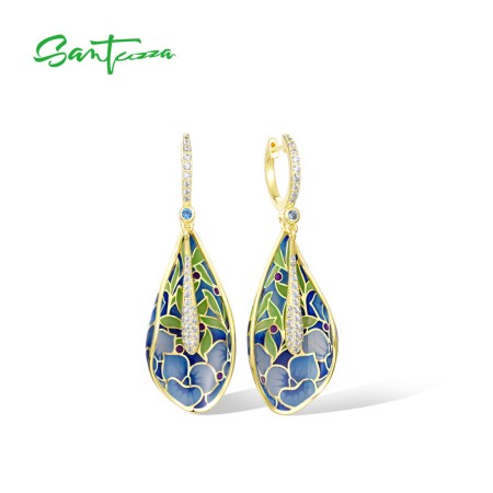 SANTUZZA 925 Sterling Silver Earrings Vintage Blue Enamel Floral Water Drop Dangle Delicate Fine Jewelry