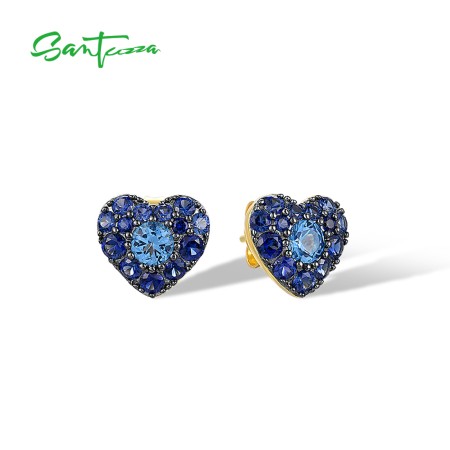 SANTUZZA 925 Sterling Silver Stud Earrings Created Blue Sapphire Romantic Heart /Flower/ Square Fine Jewelry