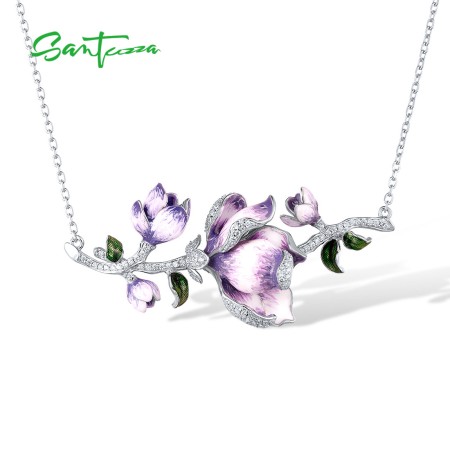 SANTUZZA 925 Sterling Silver Necklace Blossom Purple Flower Enamel Valentine's Day Gifts Delicate Fine Jewelry