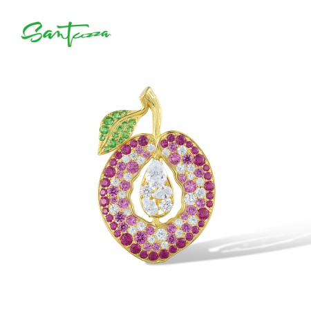 Santuzza 925 Sterling Silver Fruit Brooch Funy Pear Apple & Peach Colorful Crystal Gifts Fine Jewelry