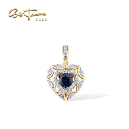 VISTOSO 14K / 9K Yellow Gold Pendant For Woman Shiny Diamond Blue Sapphire Exquisite Heart Gift Fine Jewelry