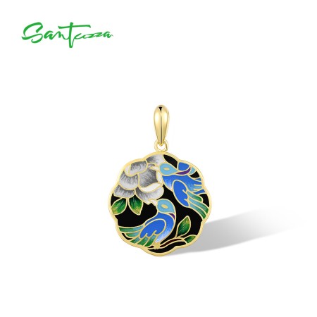 SANTUZZA 925 Sterling Silver Pendant Enamel Flower & Birds Cloisonne Delicate Gifts Fine Jewelry