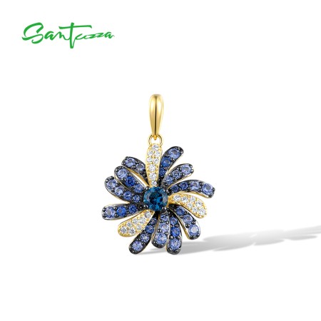 SANTUZZA 925 Sterling Silver Pendant Blue Spinel Flower Delicate Fine Jewelry