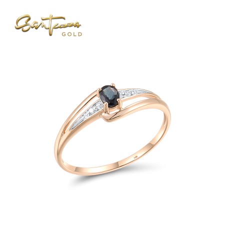 VISTOSO 14K / 9K Rose Gold Solitaire Ring Shiny Diamond Blue Sapphire Fine Jewelry