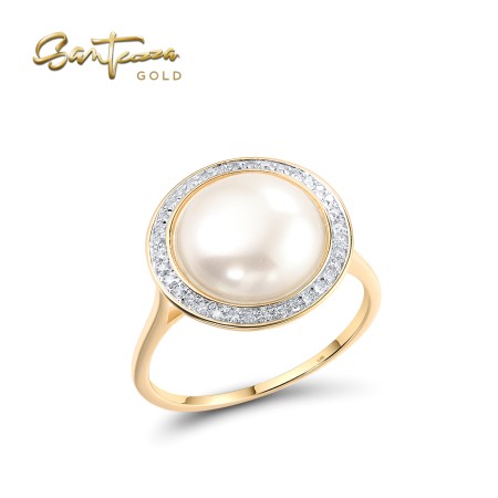 VISTOSO 14K / 9K Yellow Gold Rings Diamond Fresh Water Pearl Trendy Fine Jewelry