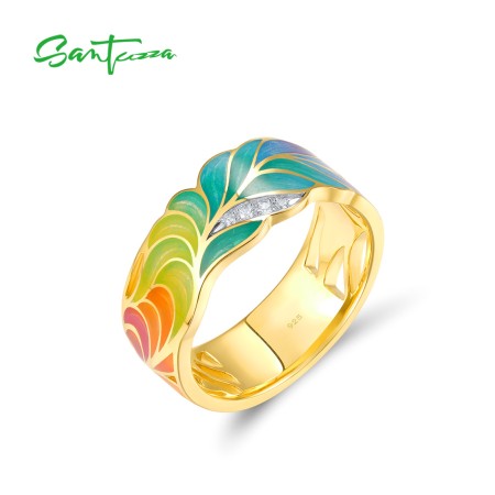 SANTUZZA 925 Sterling Silver Rings Handmade Enamel Gold Color CZ Fine Jewelry