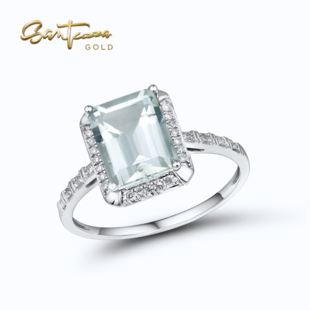 SANTUZZA 14K 585 / 9K 375 White Gold Ring Diamond Rectangle Green Amethyst (Prasiolite )  Fine Jewelry