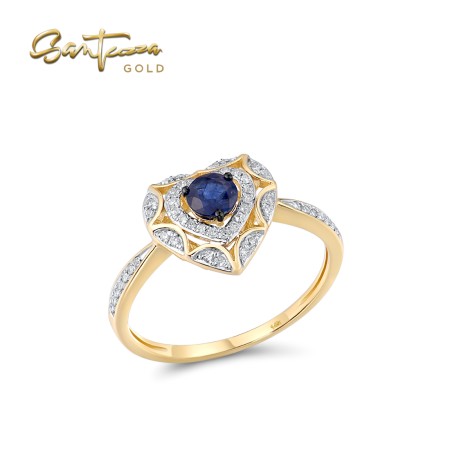 VISTOSO 14K / 9K Yellow Gold Ring Diamond Blue Sapphire Heart Engagement Wedding Fine Jewelry