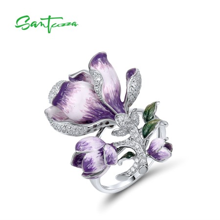 SANTUZZA 925 Sterling Silver Ring Solid Blossom Purple Gradient Enamel Flower White CZ  Gift Fine Jewelry