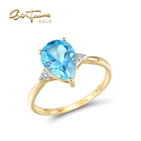 SANTUZZA 14K 585 / 9k 375 Yellow Gold Ring Sparkling Diamond Blue Topaz Fine Jewelry