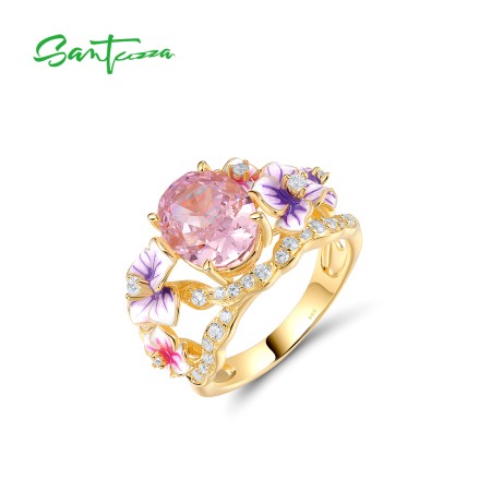 SANTUZZA 925 Sterling Silver Ring Blooming Flower Enamel Lucky Fine Jewelry 