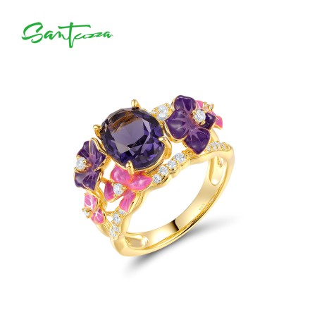 SANTUZZA 925 Sterling Silver Statement Purple Blooming Flower Enamel Fine Jewelry 