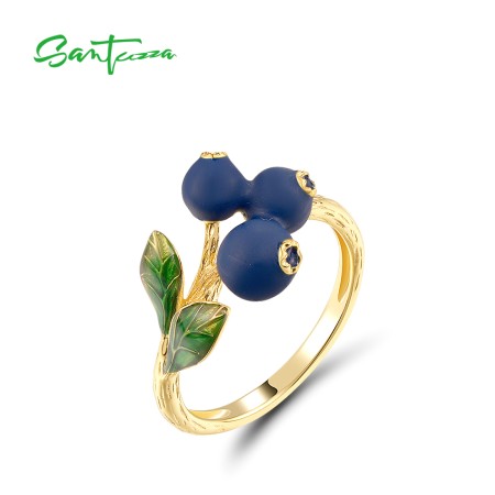SANTUZZA 925 Silver Ring Fruits Blueberries & Pomegranate Jewelry Enamel