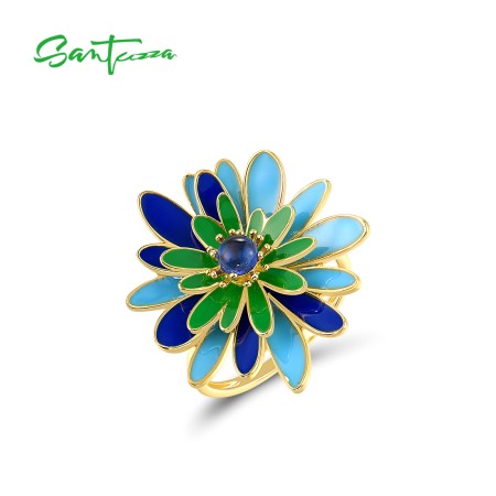 SANTUZZA 925 Sterling Silver Rings Green & Black Enamel Daisy Fine Jewelry