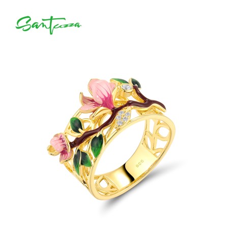 SANTUZZA 925 Sterling Silver Rings For Women Sparkling White CZ Flower & Leaf Enamel Fine Jewelry