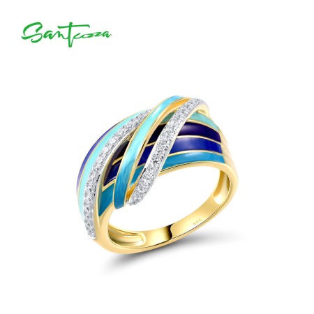 SANTUZZA 925 Sterling Silver Rings Blue Enamel Artistry Twisted White CZ Gifts Fine Jewelry