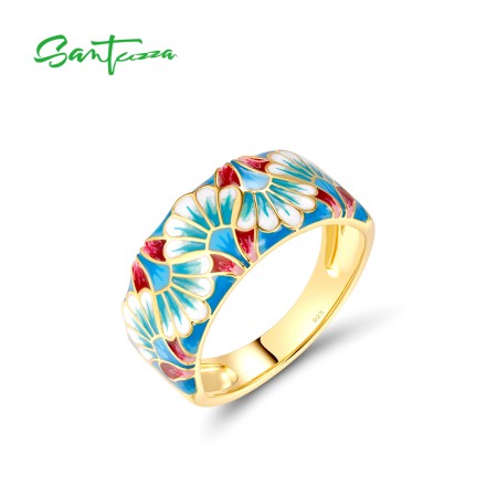 SANTUZZA 925 Sterling Silver Rings For Women Elegant Flower Multi-Color Enamel Stylish Party Gifts Fine Jewelry 