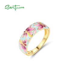 SANTUZZA 925 Sterling Silver Rings Delicate Flower Multi-Color Enamel Stylish Party Gifts Fine Jewelry 