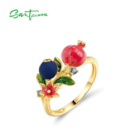 SANTUZZA 925 Sterling Silver Rings Blueberries & Pomegranate Enamel Fruits Flower Jewelry