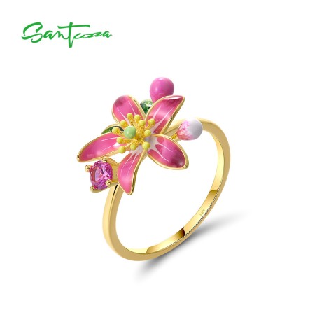 SANTUZZA 925 Sterling Silver Rings Lab Created Pink Sapphire Enamel Blooming Flower Fine Jewelry
