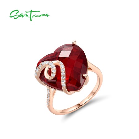 SANTUZZA 925 Sterling Silver Rings Red Heart Stone Sweet Wedding Anniversary Fine Jewelry